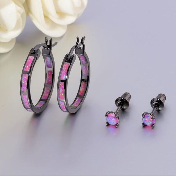 14K Black Gold with Genuine Purple Fire Opal Hoop and Stud Earrings Set of 2 - Picture 2 of 5